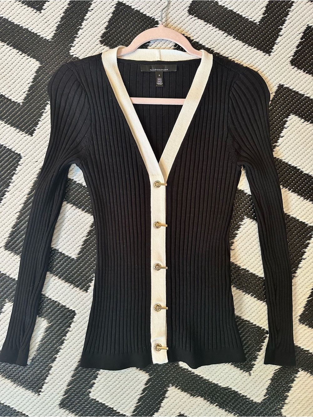 White House Black Market Black Ribbed Cardigan with Cream Trim